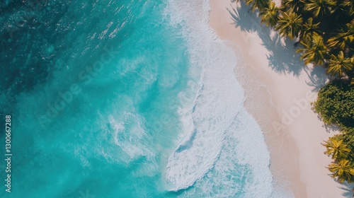 A picturesque tropical beach with turquoise waves meeting a white sandy shore, surrounded by swaying palms and clear blue skies
