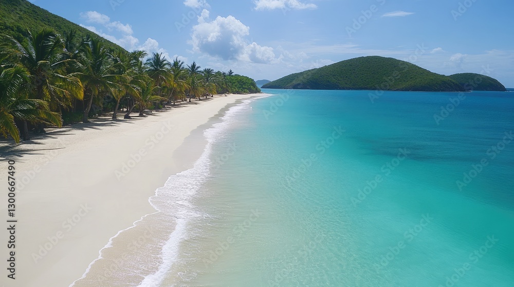 Obraz premium A pristine tropical beach with turquoise waters gently lapping at the shore, soft white sand, and lush palm trees swaying in the ocean breeze