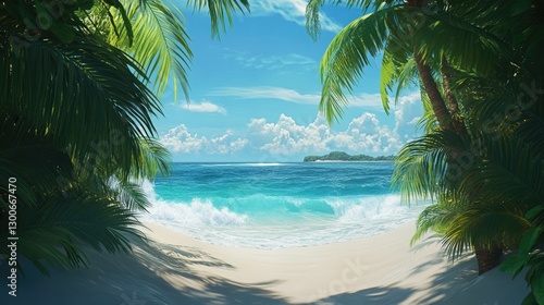 A pristine tropical beach framed by lush palm trees, turquoise waves gently rolling onto the white sandy shore under a clear blue sky
