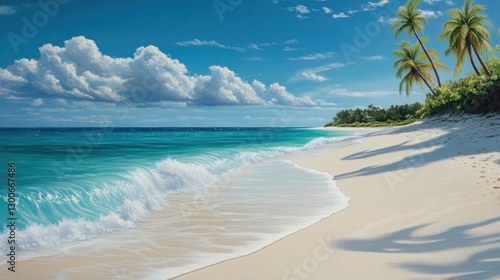 A pristine tropical beach with turquoise waters gently lapping at the shore, soft white sand, and lush palm trees swaying in the ocean breeze