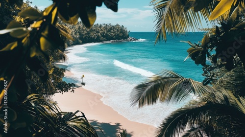 A pristine tropical beach framed by lush palm trees, turquoise waves gently rolling onto the white sandy shore under a clear blue sky