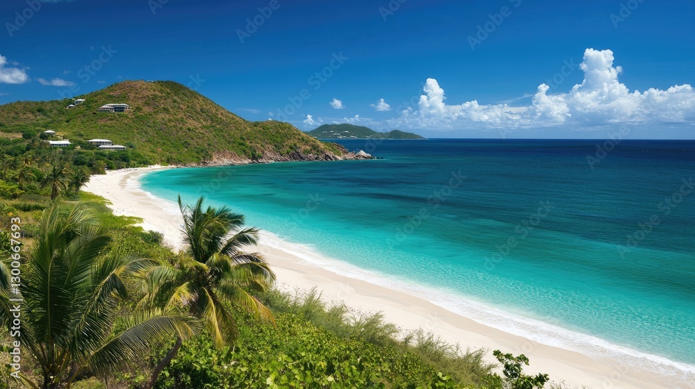 A pristine tropical coastline with vibrant turquoise waters, soft white sand, and lush palm trees gently moving in the wind A pristine tropical coastline with vibrant turquoise waters, soft white sand, and lush palm trees gently moving in the wind