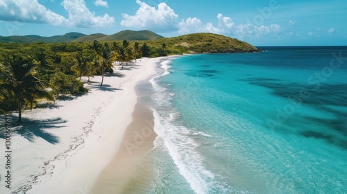 A pristine tropical beach with turquoise waters shimmering under the sun, soft white sand, and palm trees swaying in harmony with the breeze