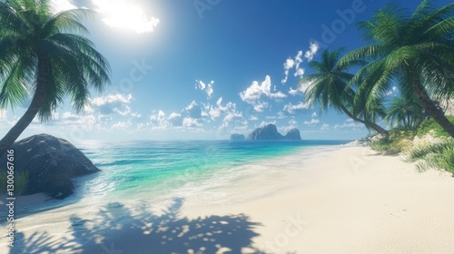 A pristine tropical beach with turquoise waters shimmering under the sun, soft white sand, and palm trees swaying in harmony with the breeze