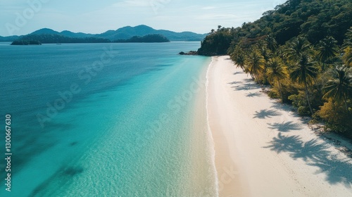 A pristine tropical beach with turquoise waters shimmering under the sun, soft white sand, and palm trees swaying in harmony with the breeze