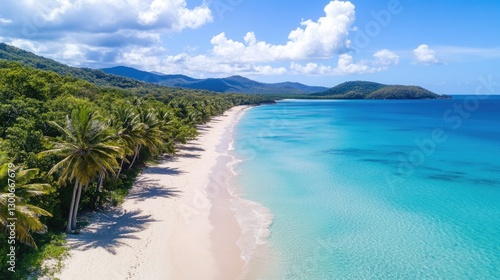 A pristine tropical coastline with vibrant turquoise waters, soft white sand, and lush palm trees gently moving in the wind