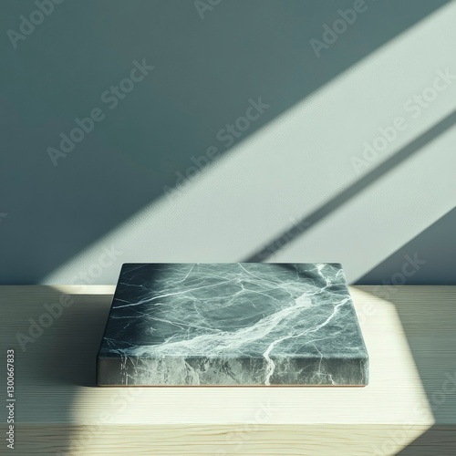 Elegant Dark Marble Display Platform on Light Wood Surface with Sunlight