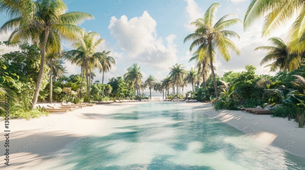 Fototapeta premium A serene tropical paradise with crystal-clear waters, soft white sand, and rows of lush palm trees swaying under sunny skies