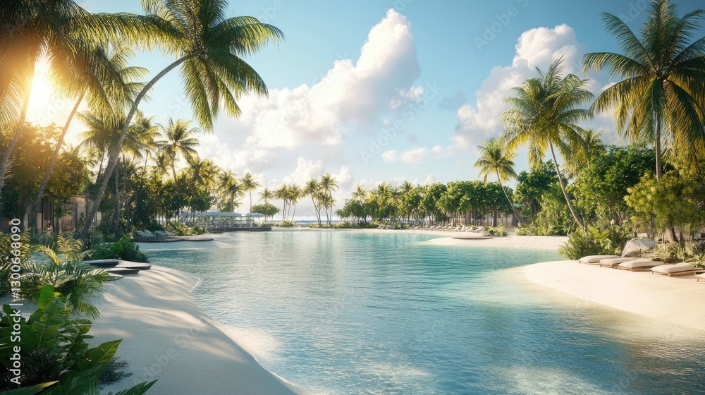 Fototapeta premium A serene tropical paradise with crystal-clear waters, soft white sand, and rows of lush palm trees swaying under sunny skies