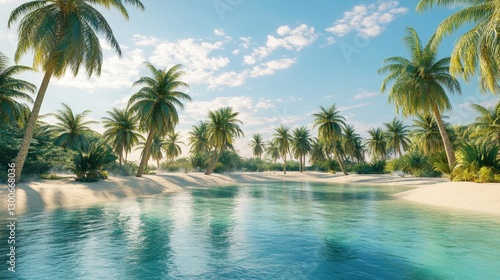 A serene tropical paradise with crystal-clear waters, soft white sand, and rows of lush palm trees swaying under sunny skies