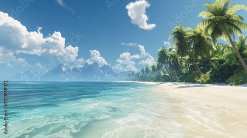 A serene tropical paradise with crystal-clear waters, soft white sand, and rows of lush palm trees swaying under sunny skies