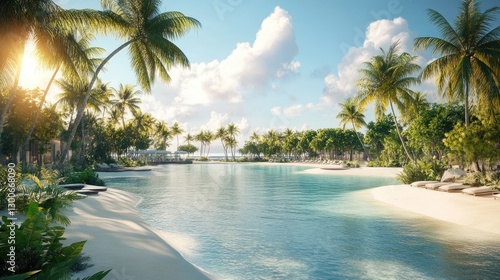 A serene tropical paradise with crystal-clear waters, soft white sand, and rows of lush palm trees swaying under sunny skies