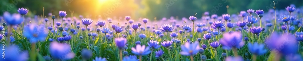 Obraz premium Vast field of blue flowers swaying gently in the breeze, purple flowers, nature, summer