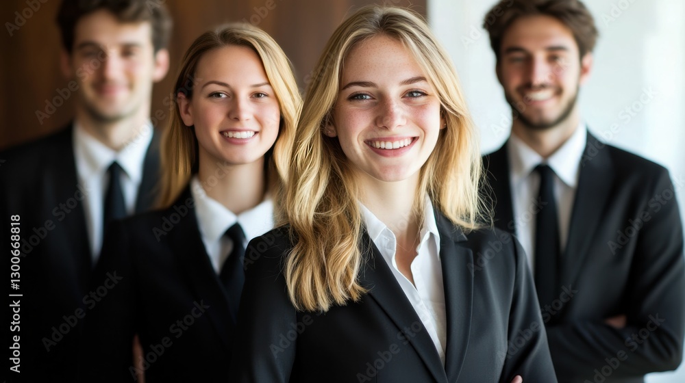 A small group of diverse business professionals, led by a confident senior leader, stands united in a modern office setting. A small group of diverse business professionals, led by a confident senior leader, stands united in a modern office setting.