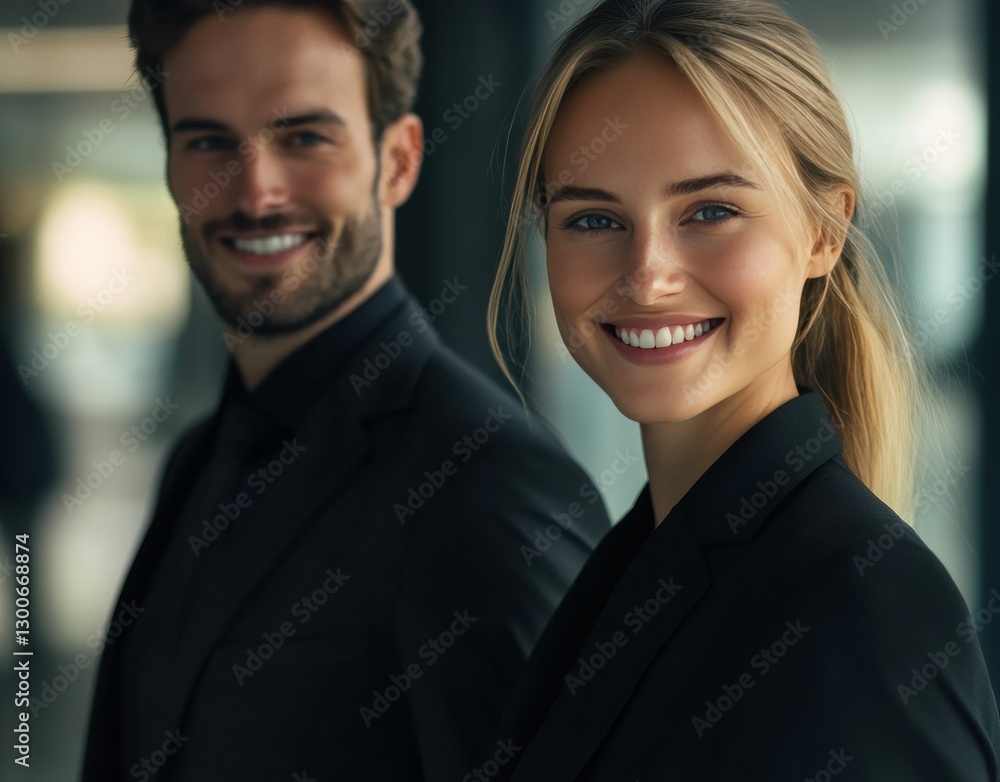 A small group of diverse business professionals, led by a confident senior leader, stands united in a modern office setting. A small group of diverse business professionals, led by a confident senior leader, stands united in a modern office setting.