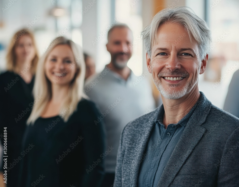 A small group of diverse business professionals, led by a confident senior leader, stands united in a modern office setting. A small group of diverse business professionals, led by a confident senior leader, stands united in a modern office setting.