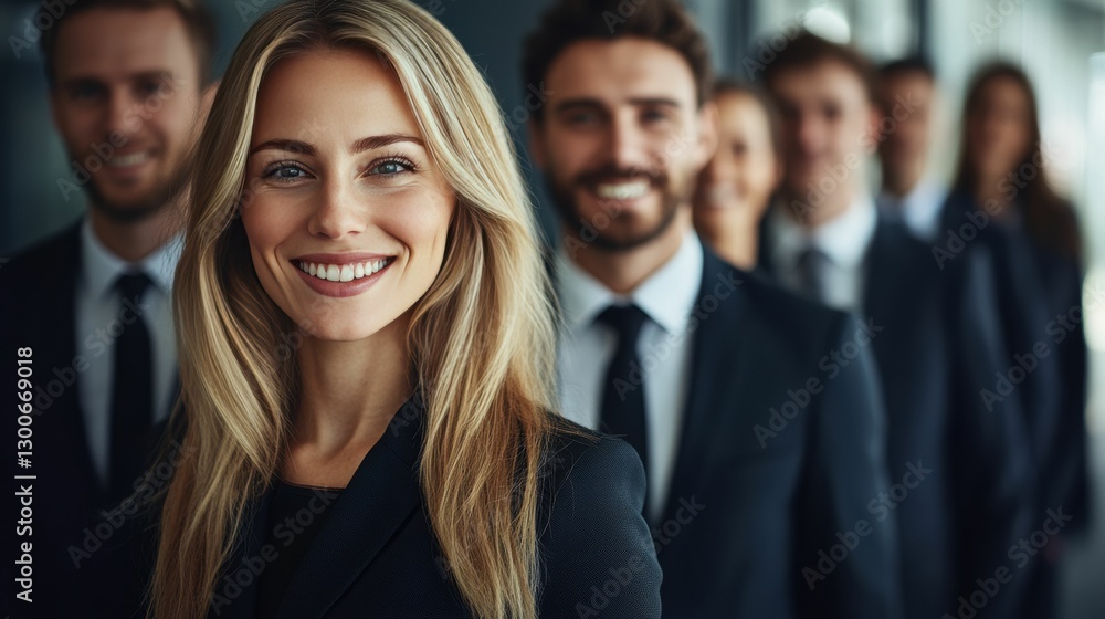 A small group of diverse business professionals, led by a confident senior leader, stands united in a modern office setting. A small group of diverse business professionals, led by a confident senior leader, stands united in a modern office setting.