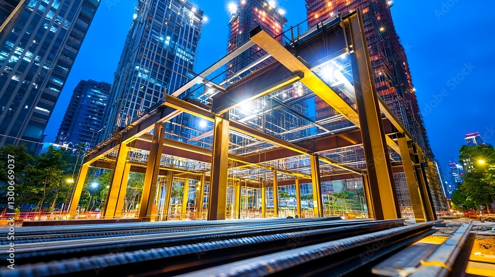Obraz premium Steel Structure Night Construction Cityscape - Night photography