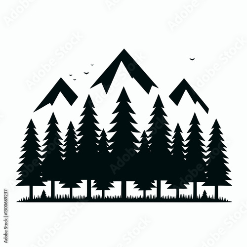 very simple flat and single minimalist Forest Silhouette in black on a white background