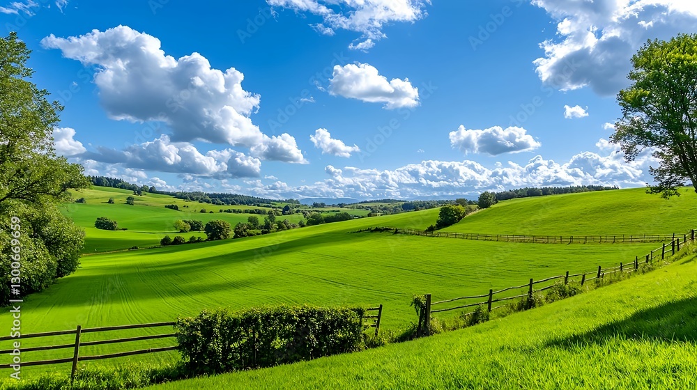 Fototapeta premium Lush Green Rolling Hills, Sunny Sky - Vibrant nature photography