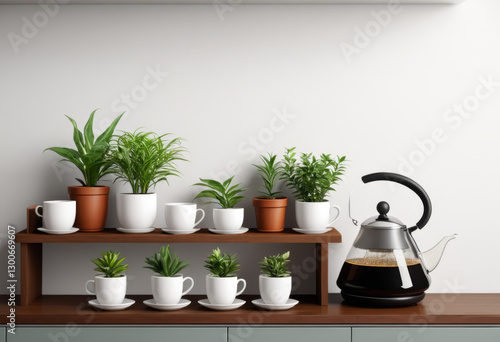 Wallpaper Mural Place potted plants in cups on shelves with mobile phones and kettles at home Torontodigital.ca