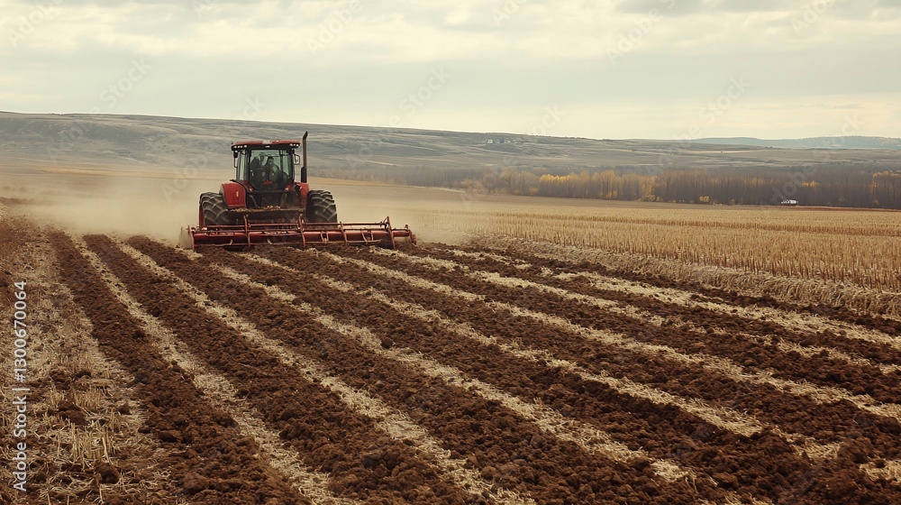 Tractor plowing field, autumn landscape, farming operation Tractor plowing field, autumn landscape, farming operation