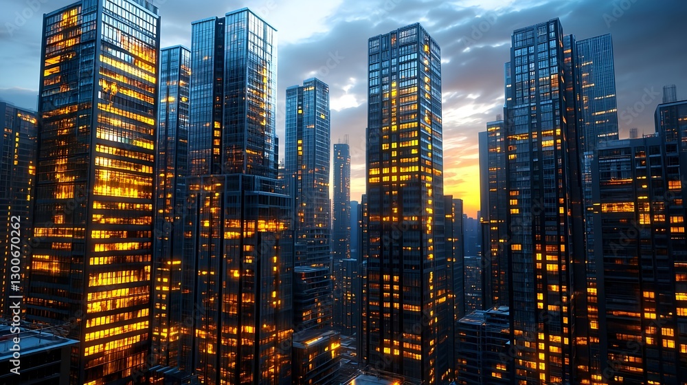 Obraz premium Illuminated Cityscape at Sunset, Modern Skyscrapers - Vibrant Citys.