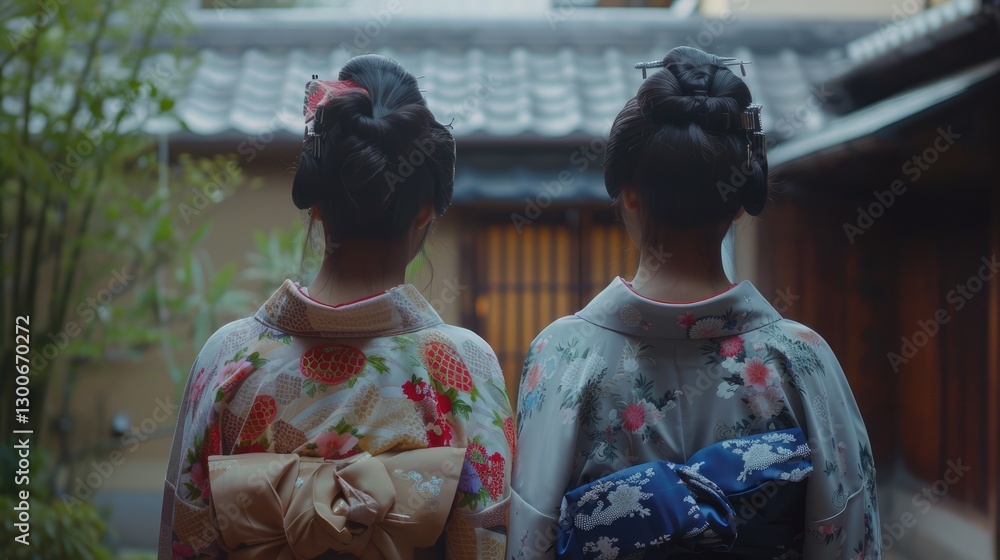 Two women in traditional kimonos stand back-to-back in a serene Japanese garden, with a wooden gate in the background