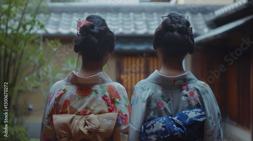 Obraz na płótnie Two women in traditional kimonos stand back-to-back in a serene Japanese garden, with a wooden gate in the background w salonie