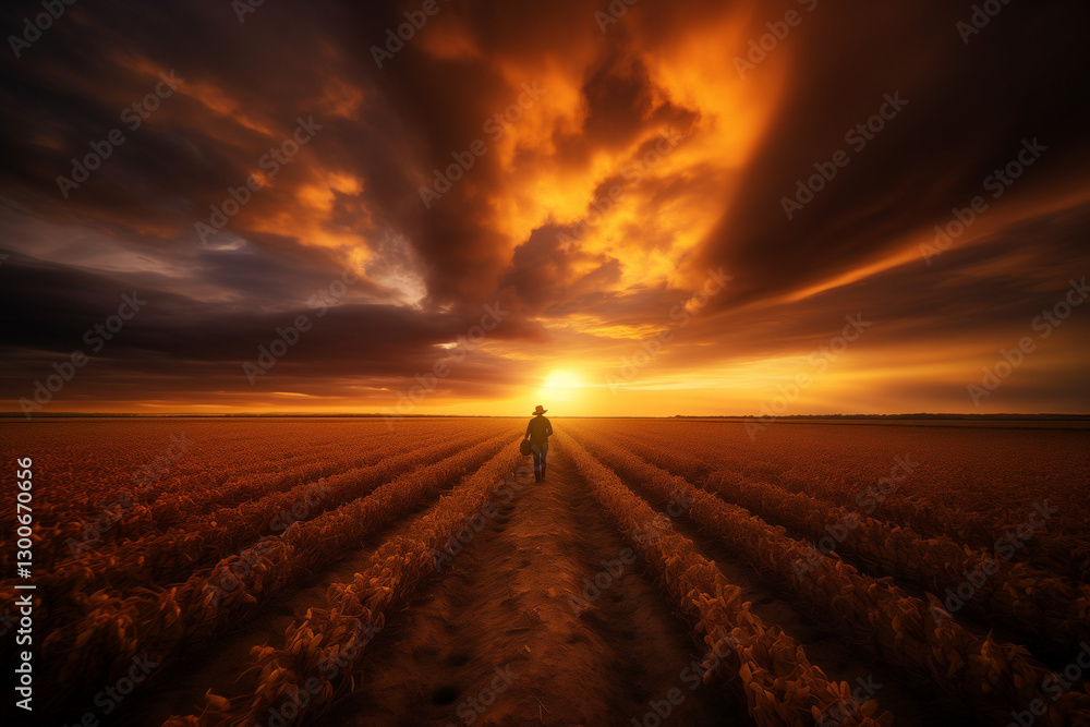 Naklejka premium A lone traveler walks down a field at sunset under a dramatic sky.