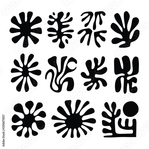 Set of silhouettes minimalistic bizarre abstract geometric unusual shapes and forms in matisse art style, Hand drawn monochrome primitive, Big vector doodle objects and graphic elements, set