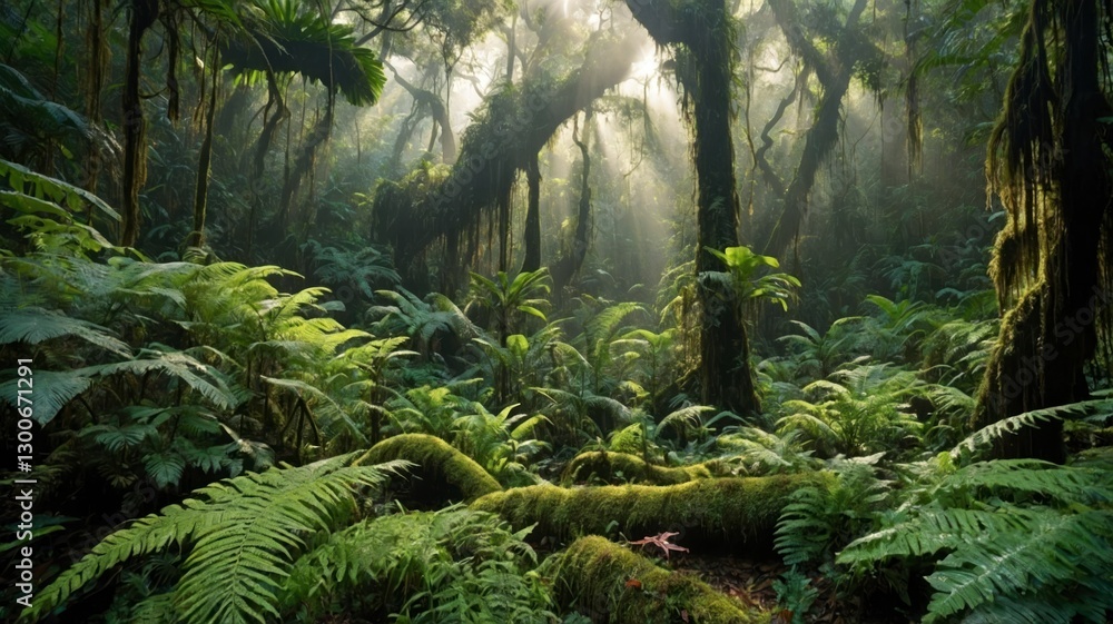 Lush Rainforest Sunlight Through Canopy Ferns Lush Rainforest Sunlight Through Canopy Ferns