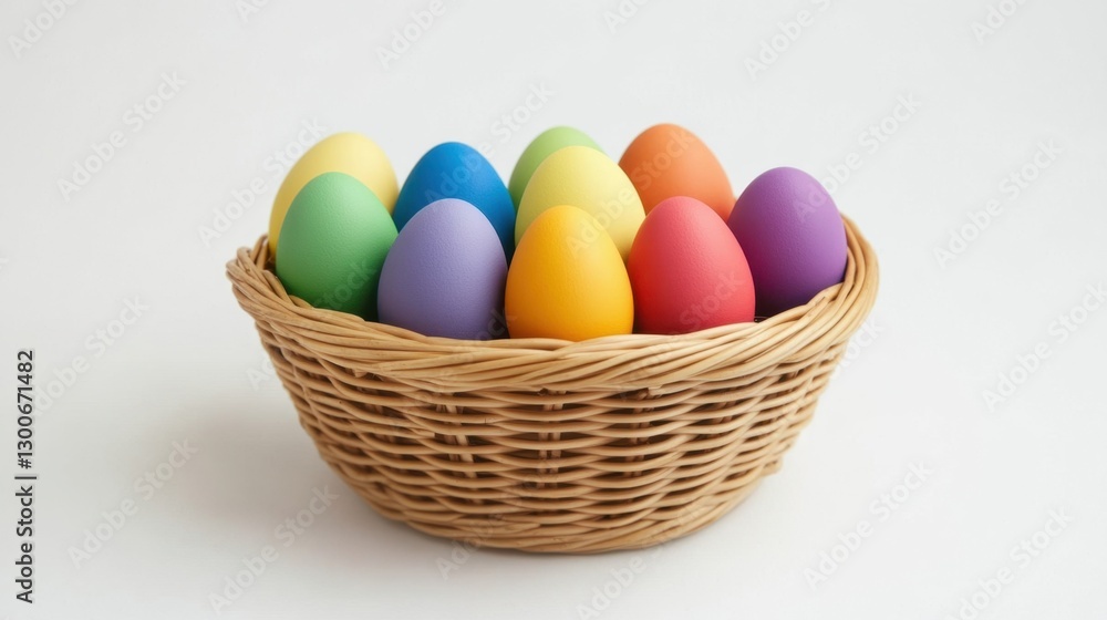 Naklejka premium A rustic wicker basket showcasing rainbow-colored eggs with a matte finish on a white background