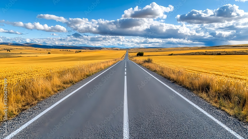 Fototapeta premium Open Road, Golden Fields, Sunny Sky - Road Trip/Travel Photography:.