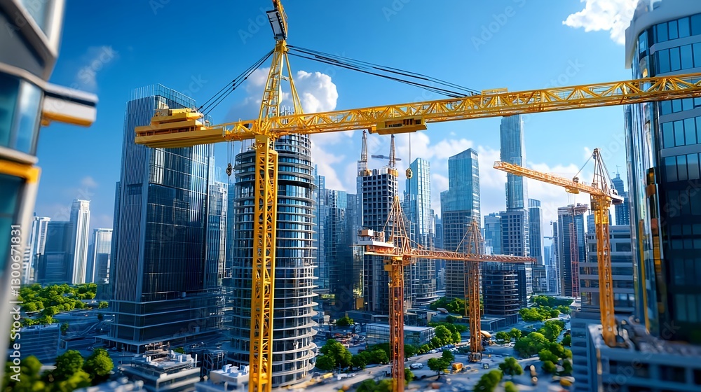 Fototapeta premium Cityscape Construction Cranes, Modern Building - Modern Architecture