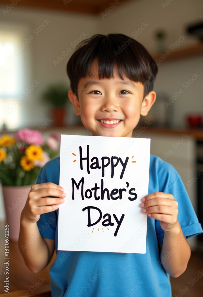 Happy mother's day celebration with smiling child holding greeting card Happy mother's day celebration with smiling child holding greeting card