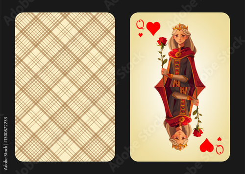 Original design of playing card queen of diamonds, front and back. Queen of Diamonds in cartoon vintage style. Vector illustration