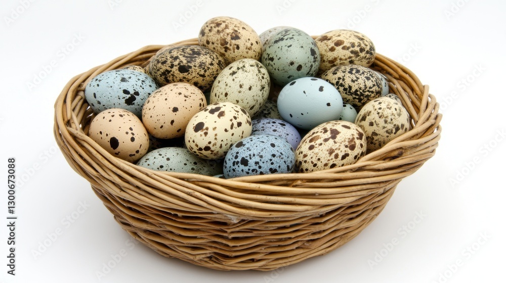A top-down view of an elegant basket filled with assorted colored eggs, presented on a white backdrop A top-down view of an elegant basket filled with assorted colored eggs, presented on a white backdrop
