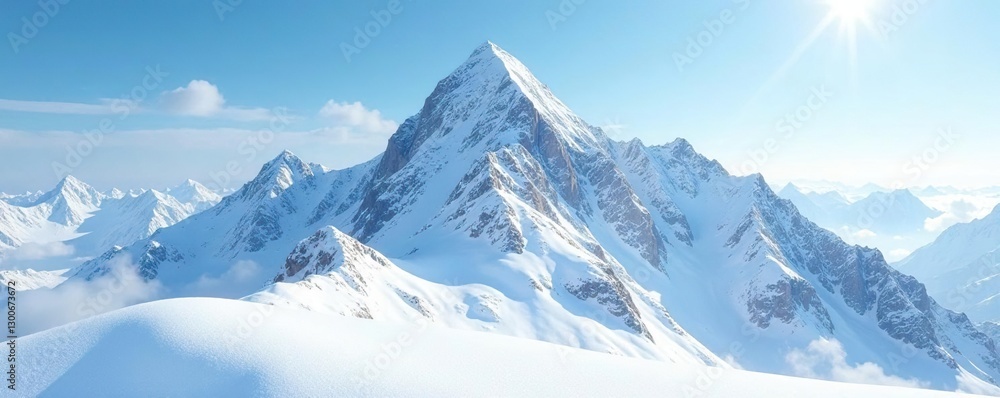 Obraz premium Fresh snow falls gently on isolated mountain peak, peaceful, mountain