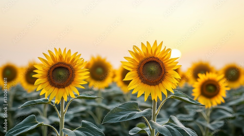 Fototapeta premium Vibrant Sunflowers in a Vast Field Under a Soft Horizon Light