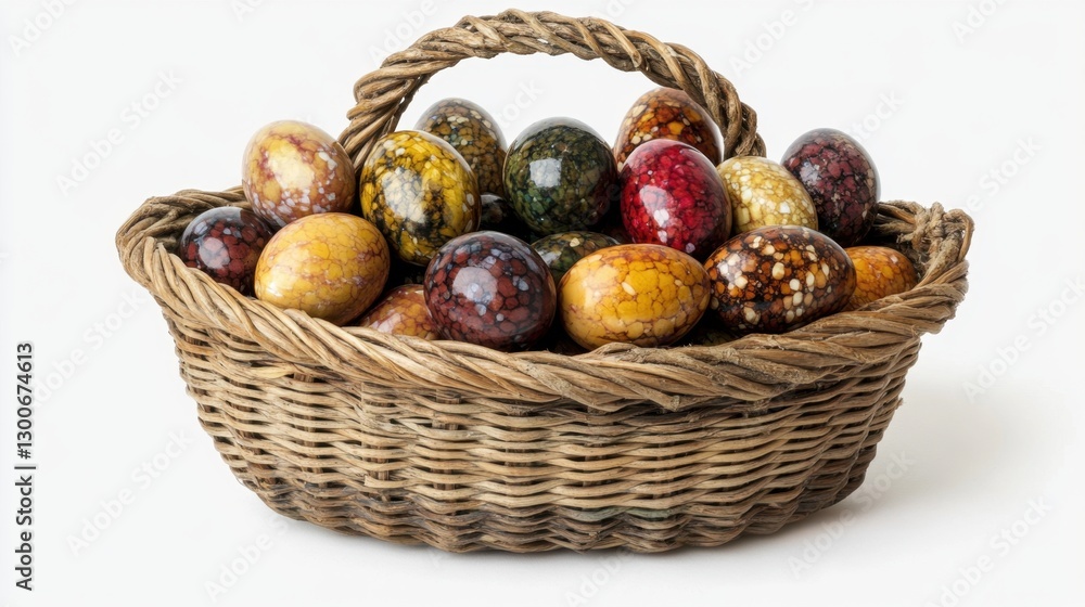 A woven straw basket packed with glossy, naturally dyed eggs, set gracefully on a white background A woven straw basket packed with glossy, naturally dyed eggs, set gracefully on a white background