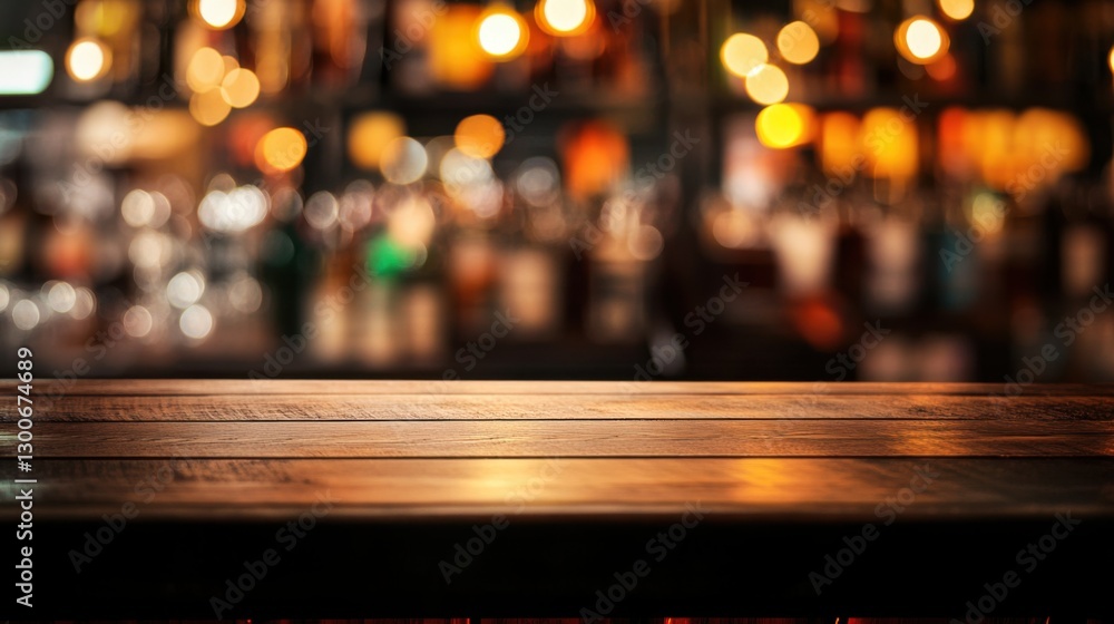 Abstract blurred background of an empty wooden table with a bar counter and shelves full of bottles Abstract blurred background of an empty wooden table with a bar counter and shelves full of bottles