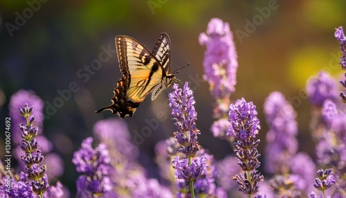 closeup of a canada tiger swallowtail butterfly pollinating a lavender flower michigan
