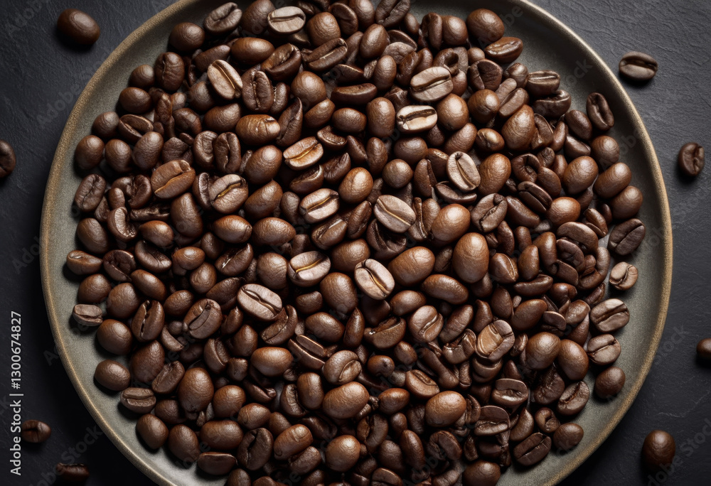 Fototapeta premium View from the perspective of roasting coffee beans on a plate on the table