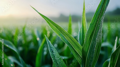 Dew Covered Cornstalks in a Lush Green Field at Sunrise photo