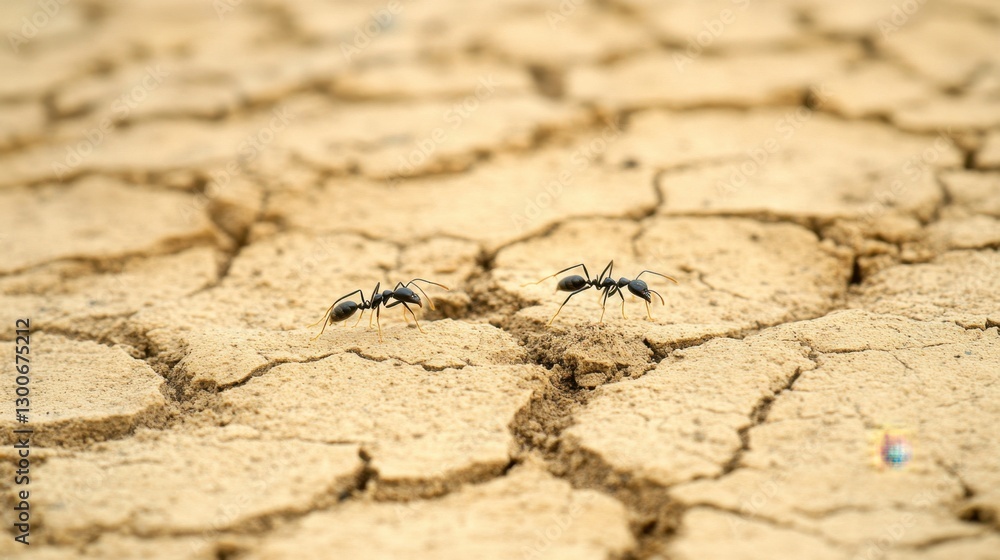 Fototapeta premium Tiny black ants carrying seeds across a dry, cracked earth background