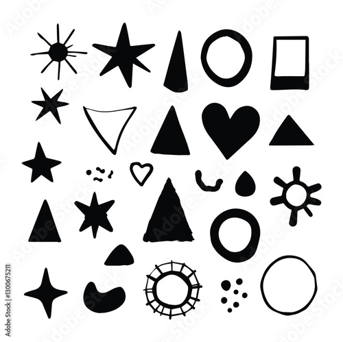 Set of silhouettes minimalistic bizarre abstract geometric unusual shapes and forms in matisse art style, Hand drawn monochrome primitive, Big vector doodle objects and graphic elements, set