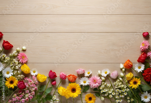 Right above the flowers on the table