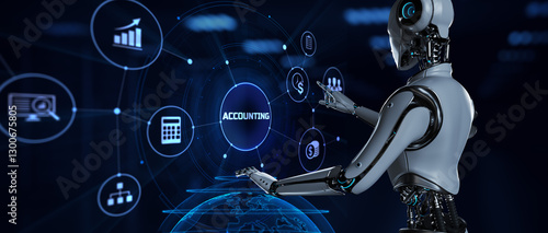 Accounting business process automation RPA concept. Robot pressing button on screen 3d render.