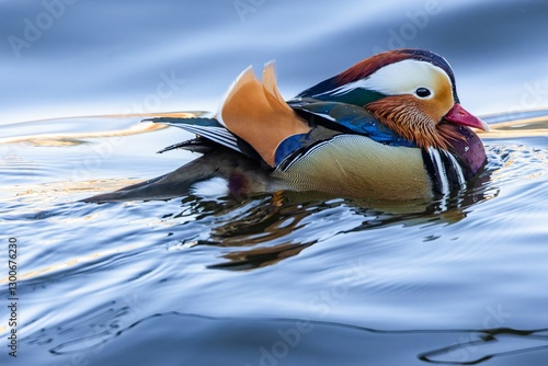 Obraz na płótnie Close up portrait of a colorful male mandarin duck swimming in the river on a sunny day. Reflection of the bird and its vivid colors in blue water. w salonie